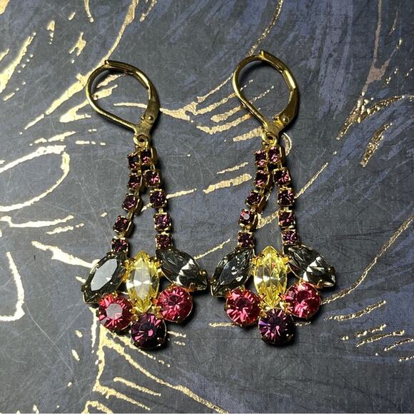 Vintage Elegant Gold and Pink Rhinestone Crystal Dangle Earrings D2 - Picture 8 of 8